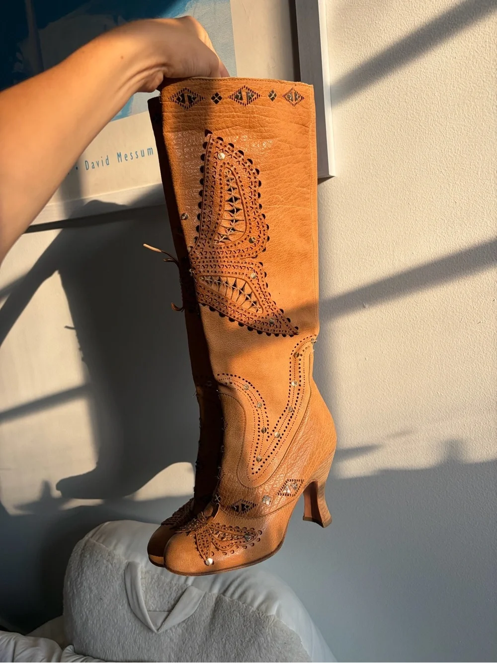 Anna Sui Tan Over-the-Knee Embroidered Leather Boots